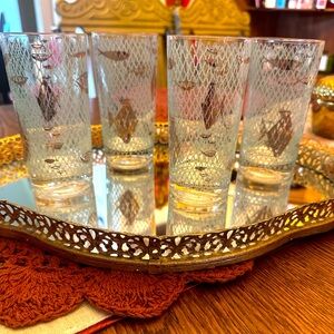 Vintage Mid-Century Atomic Raised Aqua Fishnet Gold Fish Highballs Set of 4